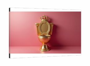 Golden toilet seat with ornate gold crown against pink background. Luxurious royal restroom design. Princess, prince, queen, decor. Antique gilded object. Wealth, art, design and elegance.
