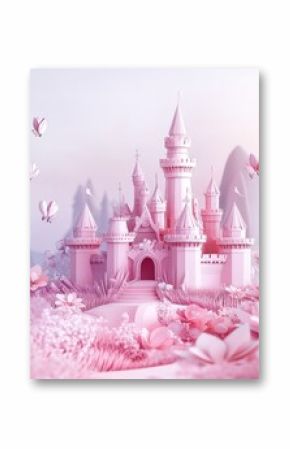 Pastel pink princess castle in a magical floral garden with butterflies.