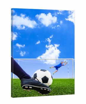 foot shooting soccer ball to goal, penalty