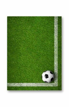 Soccer ball framed by white marking lines top view. Sport backgr