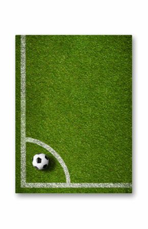 Soccer ball in corner kick position. Football field top view.