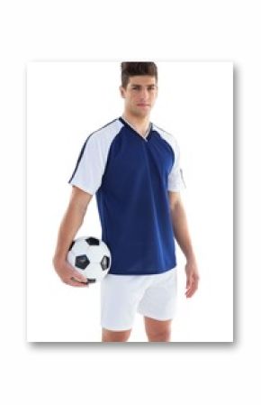 Football player in blue jersey holding ball