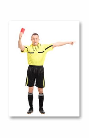 Angry football referee showing a red card