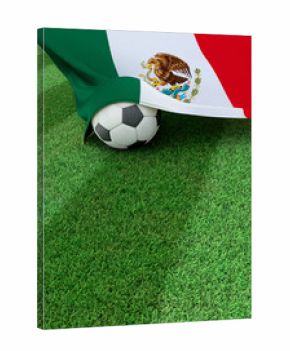 Soccer ball and national flag of Mexico,  green grass