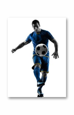 one caucasian soccer player man playing in silhouette isolated on white background