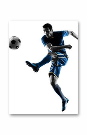 one caucasian soccer player man playing kicking in silhouette isolated on white background