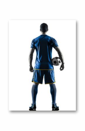 one caucasian soccer player man standing Rear View in silhouette isolated on white background