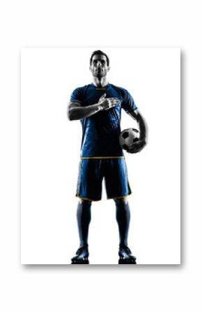 one caucasian soccer player man playing in silhouette isolated on white background