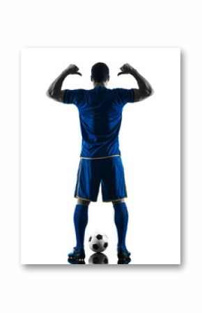 one caucasian soccer player man standing Rear View pointing in silhouette isolated on white background