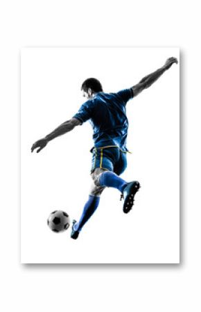 one caucasian soccer player man playing kicking in silhouette isolated on white background