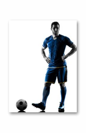 one caucasian soccer player man playing in silhouette isolated on white background