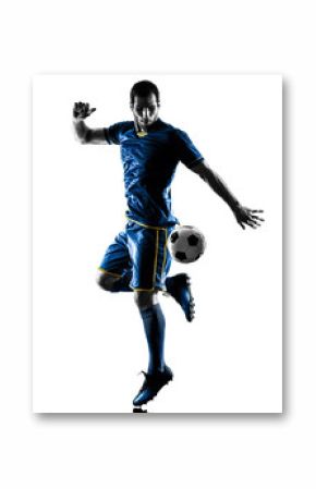 one caucasian soccer player man playing in silhouette isolated on white background