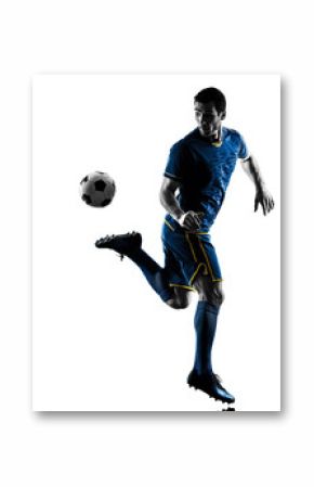 one caucasian soccer player man playing in silhouette isolated on white background