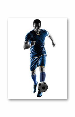 one caucasian soccer player man playing in silhouette isolated on white background