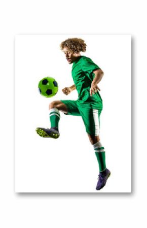 one mixed race young teenager soccer player man playing  in silhouette isolated on white background