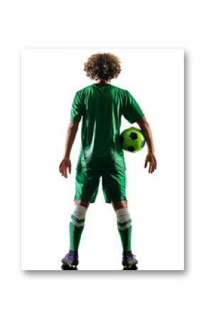 one mixed race young teenager soccer player man playing  in silhouette isolated on white background