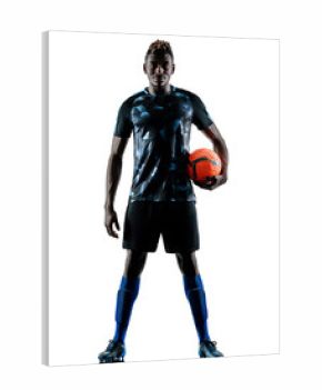 one african soccer player man playing in studio isolated on white background