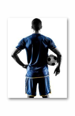 one caucasian soccer player man standing Rear View in silhouette isolated on white background