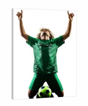 one mixed race young teenager soccer player man celebration  in silhouette isolated on white background