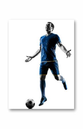 one caucasian soccer player man playing in silhouette isolated on white background