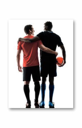 two soccer players men in studio silhouette isolated on white background