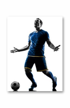 one caucasian soccer player man happy celebration  in silhouette isolated on white background