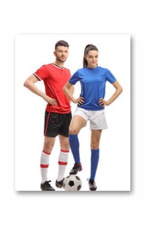 Male and a female soccer player with a football