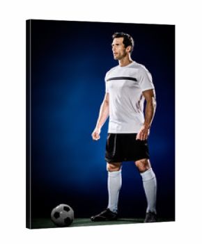 one caucasian soccer player man isolated on black background