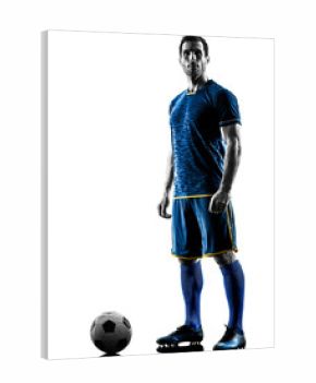 one caucasian soccer player man standing in silhouette isolated on white background