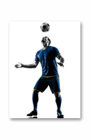 one caucasian soccer player man playing in silhouette isolated on white background