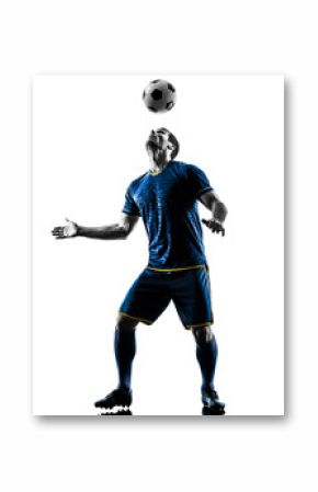 one caucasian soccer player man playing in silhouette isolated on white background