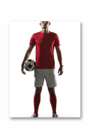 Soccer player standing on white background.