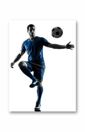 one caucasian soccer player man playing in silhouette isolated on white background