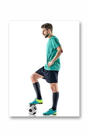 one caucasian soccer player man standing with football isolated on white background