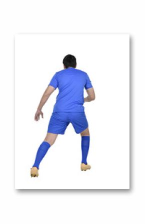 Rear view asian soccer player in action