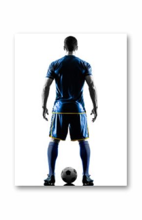 one caucasian soccer player man standing Rear View in silhouette isolated on white background