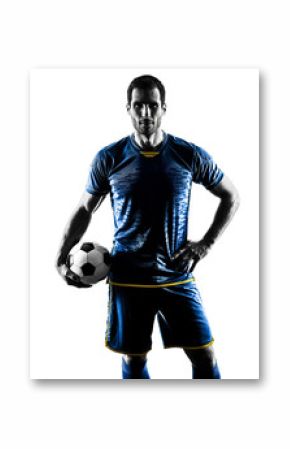 one caucasian soccer player man standing in silhouette isolated on white background