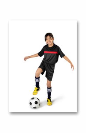 Young asian girl playing soccer, Isolated over white