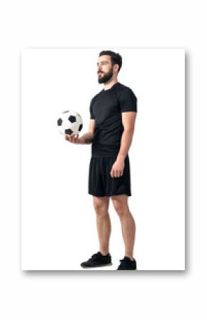 Football or soccer futsal player holding ball in one hand looking up. Full body length portrait isolated over white background.