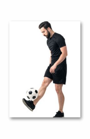 Side view of freestyle soccer or futsal player juggling ball with his legs. Full body length portrait isolated over white background.