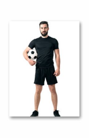 Smiling soccer or futsal player wearing black sportswear holding ball under his arm looking at camera. Full body length portrait isolated over white background.