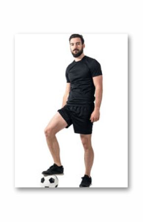 Relaxed serious soccer futsal player standing on the ball looking at camera. Full body length portrait isolated over white background.