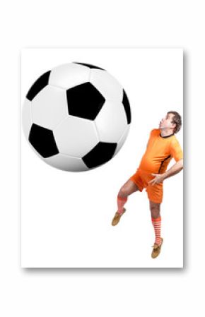 recreational fat footballer play with large ball isolated on a white background