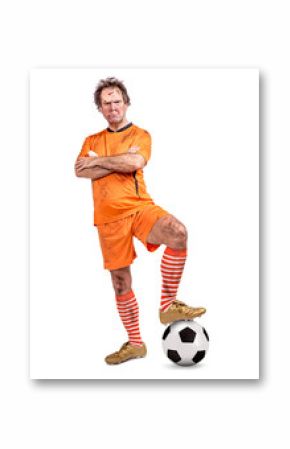 angry football player posing with ball isolated on white background