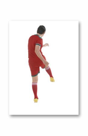 Back view of asian football player kick ball