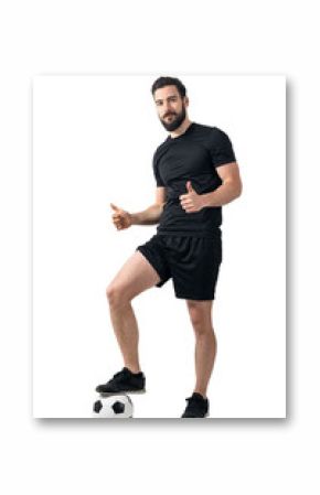 Soccer player standing on the ball with one leg showing thumbs up gesture. Full body length portrait over white background.