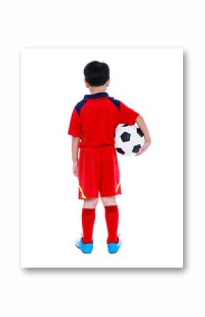 Back view of asian soccer player with football. Studio shot. Isolated on white background.