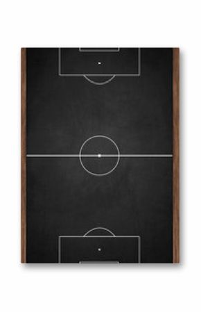 Soccer field layout drawn on vertical oriented black chalkboard in wooden frame with chalk and wiper