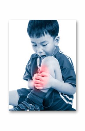 Youth asian soccer player with pain at shin. Isolated on white background.