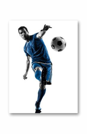 one caucasian soccer player man playing kicking in silhouette isolated on white background